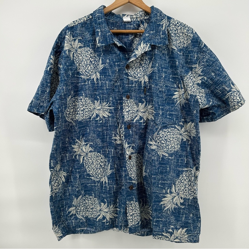 Palmwave Hawaiian Shirt Mens 2XL Blue Pineapple Tropical Button‎ Up Cotton Camp